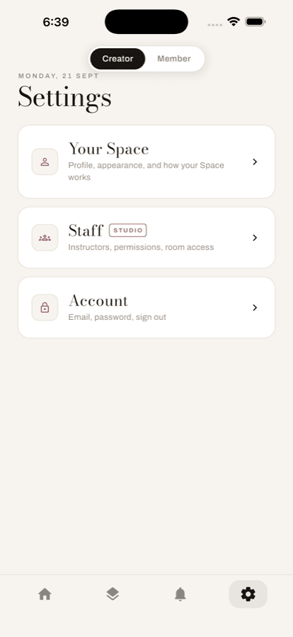 Settings, with the Staff row